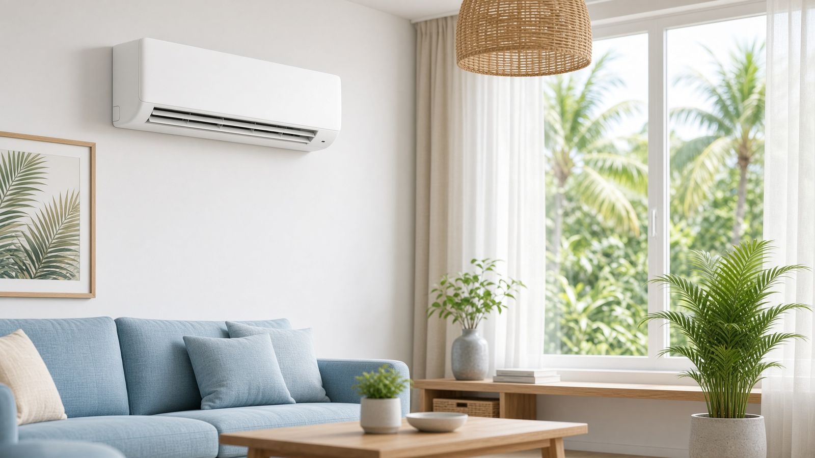 Puti nga split-type aircon sa pader sa sala, ubos niini asul nga sofa, ug mga lubi sa gawas sa bintana
