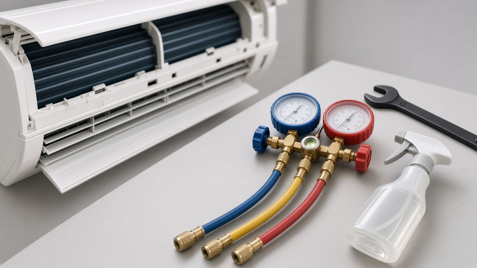 Giablihan nga split-type indoor unit tupad sa refrigerant manifold gauges, wrench ug spray bottle