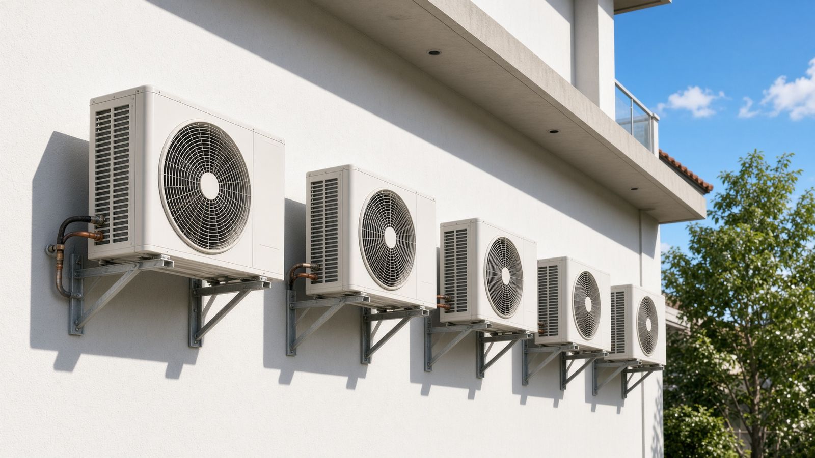 Lima ka outdoor aircon unit nga naka-bracket sa puti nga pader sa building